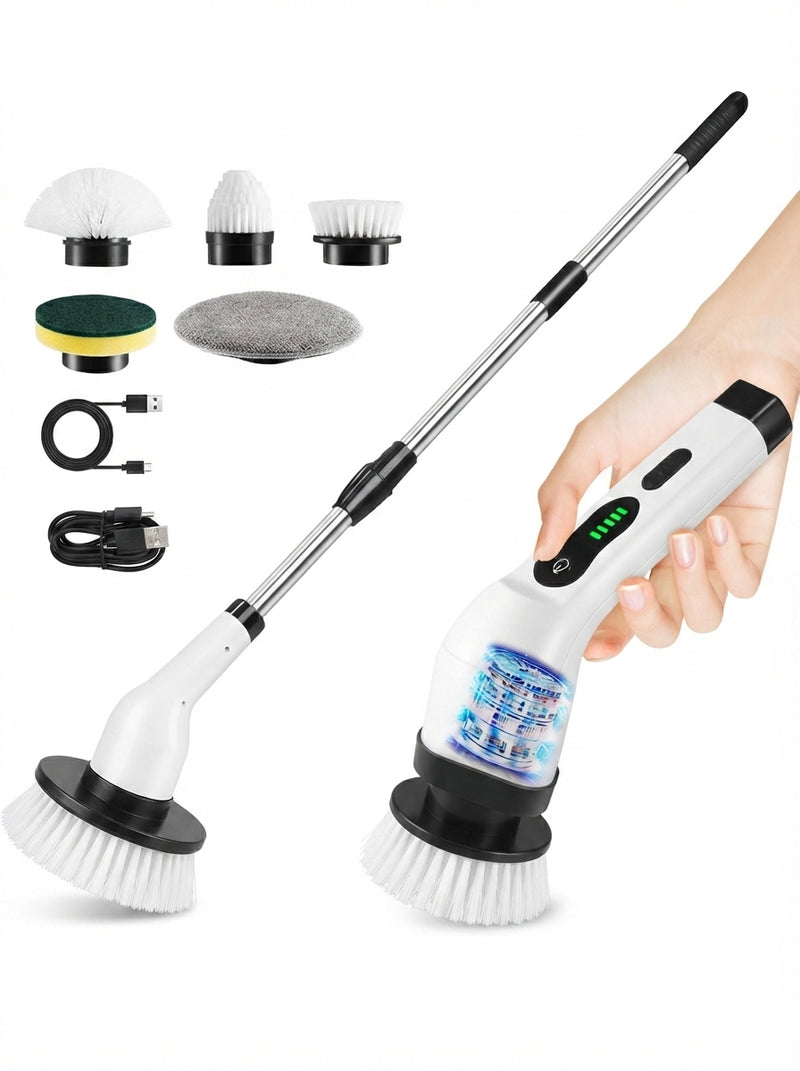 A person using an electric power scrubber to clean stained tile grout in a bathroom, showing a clear difference between dirty